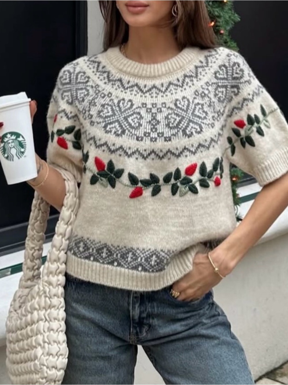 Zara Cream Crewneck Sweater with Red & Green Floral Trim
